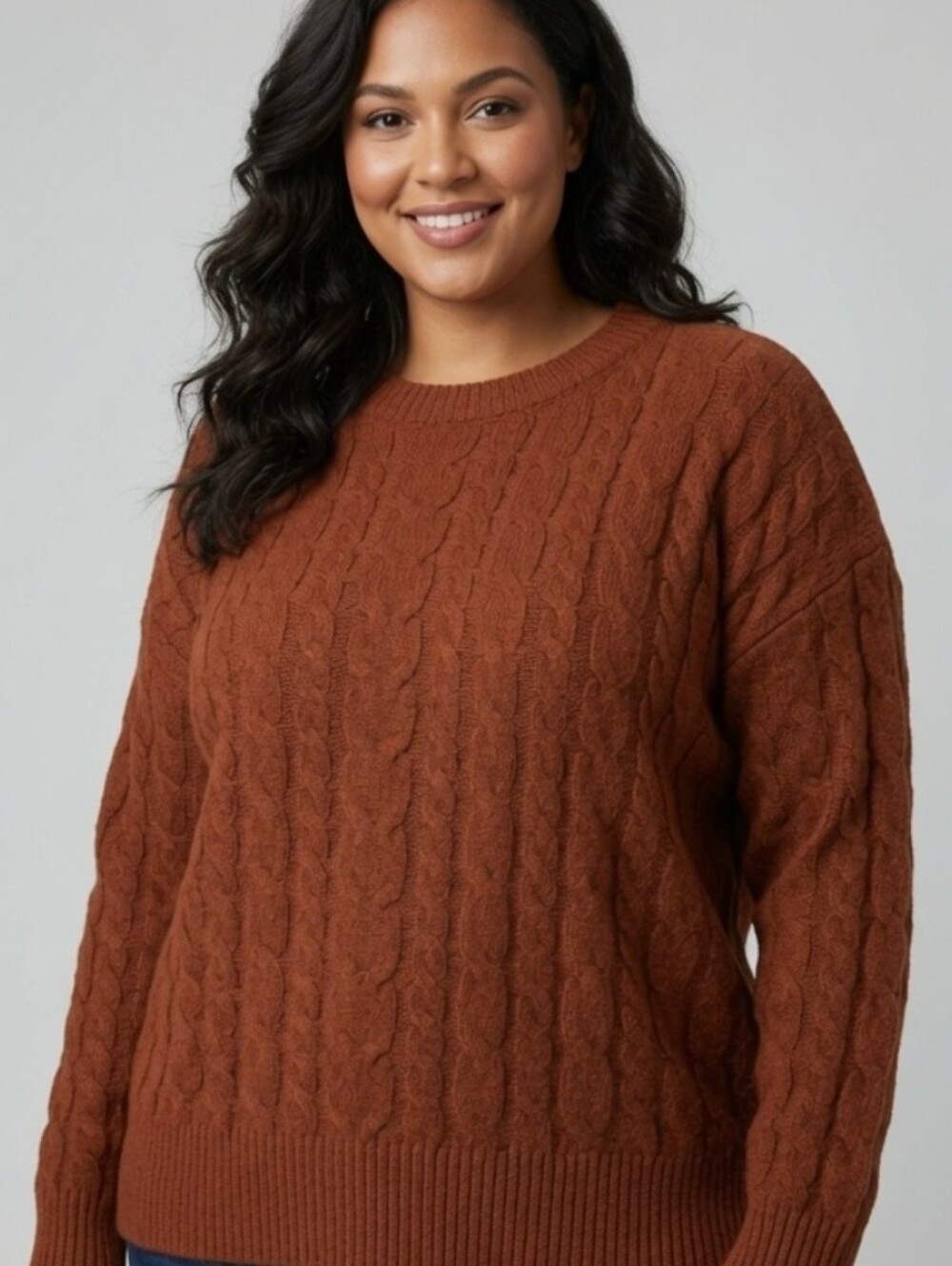 0288 a new day Women's Cable Knit Crewneck Sweater in Rust